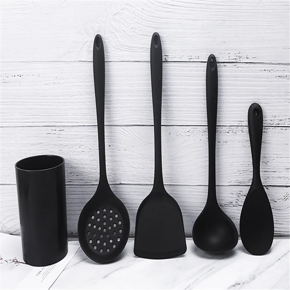 

Cooking Kitchenware Tool Silicone Utensils Set With Wooden Multifunction Handle Non-Stick Spatula Ladle Egg Beaters Shovel