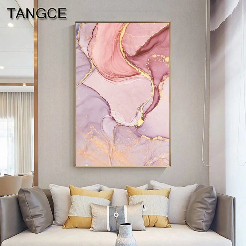 

Nordic Purple Pink Canvas Painting Modern Home Gold Poster and Print Wall Picture for Living Room Abstract Scandinavian Wall Art