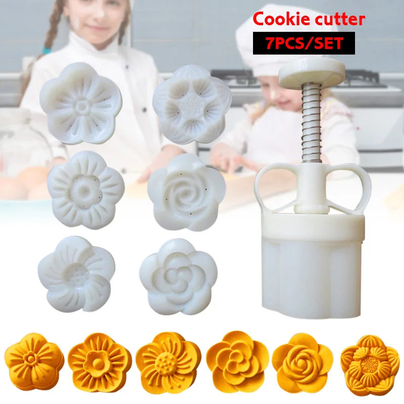 

7 Pcs/Set DIY Mooncake Mold Pastry Cookie Press with 6 Flower Stamps NW