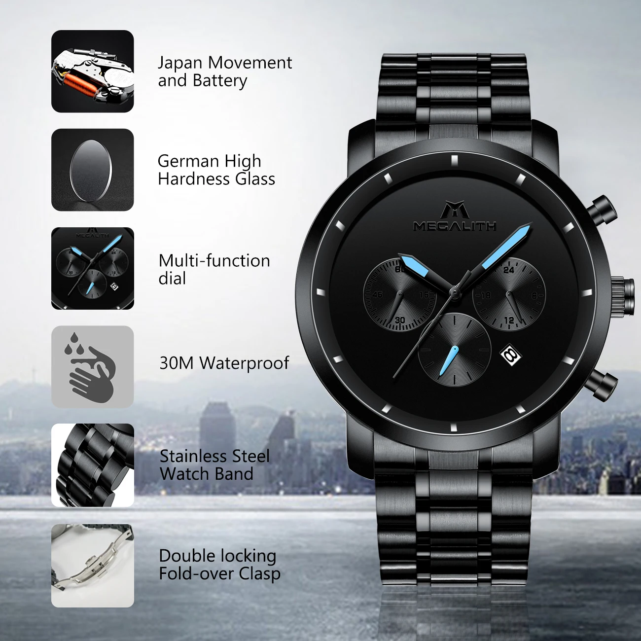 Часы MEGALITH Мужские кварцевые со стальным браслетом люксовые модные повседневные