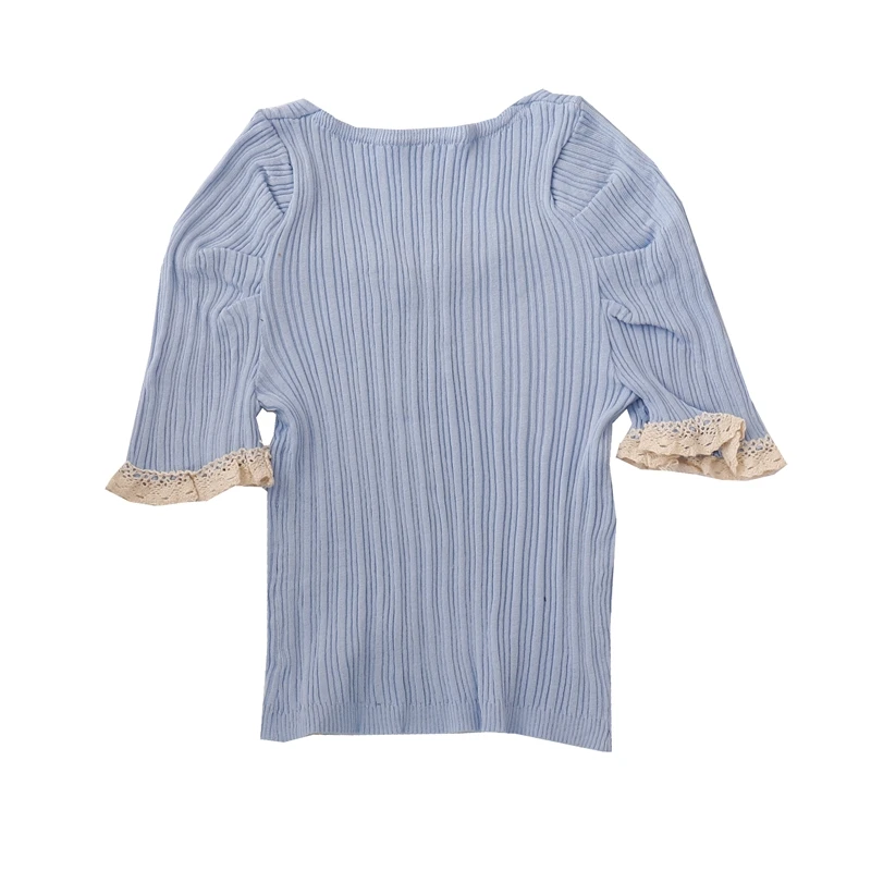 

ZAWAHIKI Woman T Shirt Lace Patchwork Puff Sleeve Knitted 2021 Summer Sweet Camisetas De Mujer Vintage Short Tops Tee Elegant