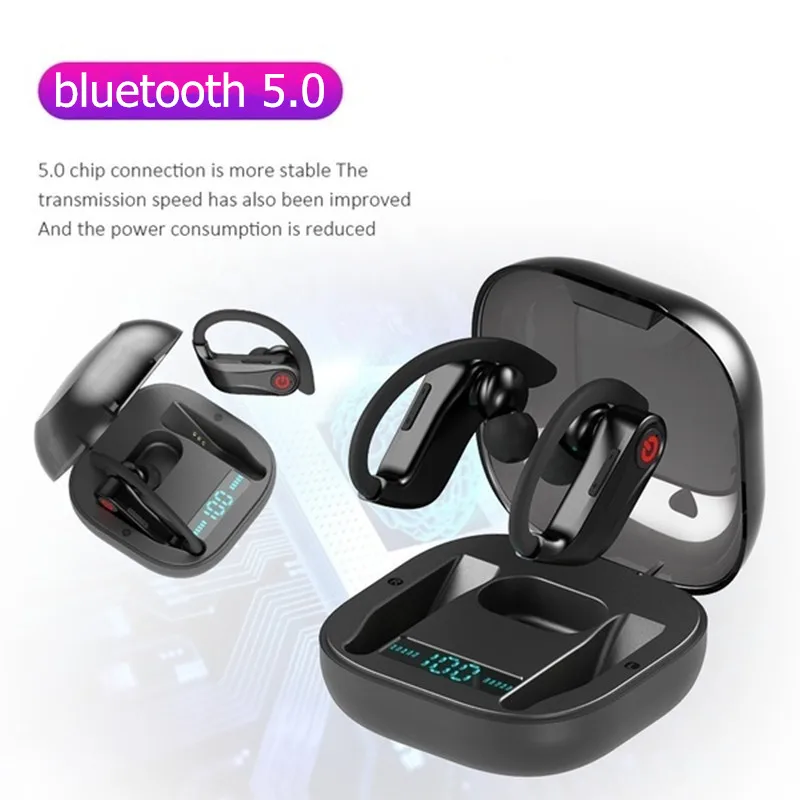 Q62 power HQB беспроводные V5.0 bluetooth наушники стерео гарнитура с ушным крючком спортивная Гарнитура с светодиодный цифровой дисплей зарядная коробка