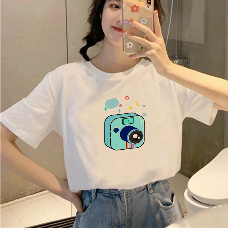 

Fashion Blue Camera T Shirt Women Short Sleeved O-neck T-shirt Lovely Print Ullzang Tshirt Harajuku Tops Girl T-shirt