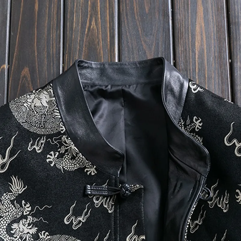 

Chinese Style Real Leather Jacket Men Print Stand Collar Sheepskin Short Coat Designer Casual Single Breasted Outerwear Oversize