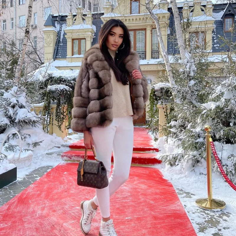 Sable Color Natural Fox Fur Coat Women Luxury Winter Thicken Warm Outertwear Lapel Strip Sewed Genuine Real Fur Jacket Female enlarge