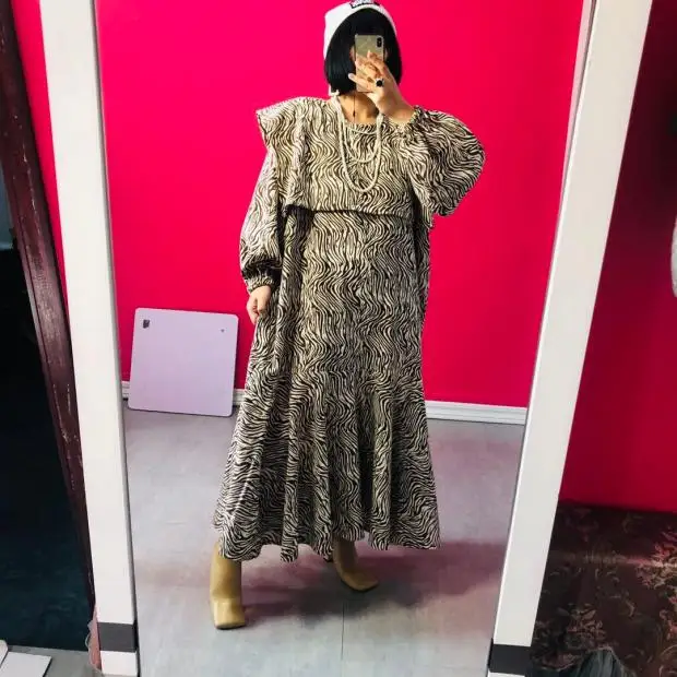 

SuperAen New Design Zebra Print O Neck Lantern Sleeve Trumpet / Mermaid Loose Ruffles Ankle-Length Dresses for Women