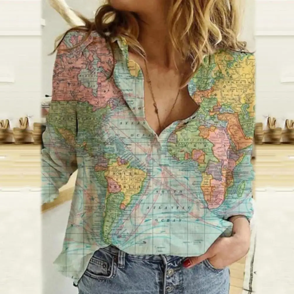 

Oversized Tee Women Shirt Map Printed Women Shirt Turn-down Collar Skin-friendly Long Sleeve V Neck Casual Shirt Blouse