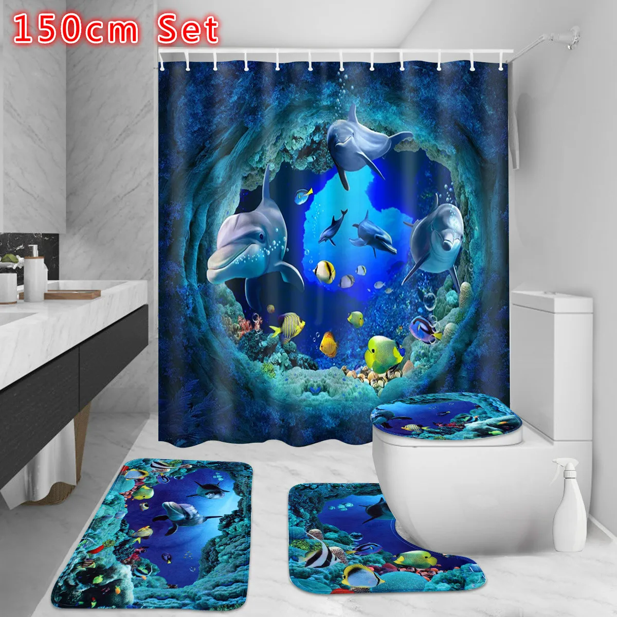 Водонепроницаемая занавеска для ванной с 3d рисунком океана и дельфина комплект