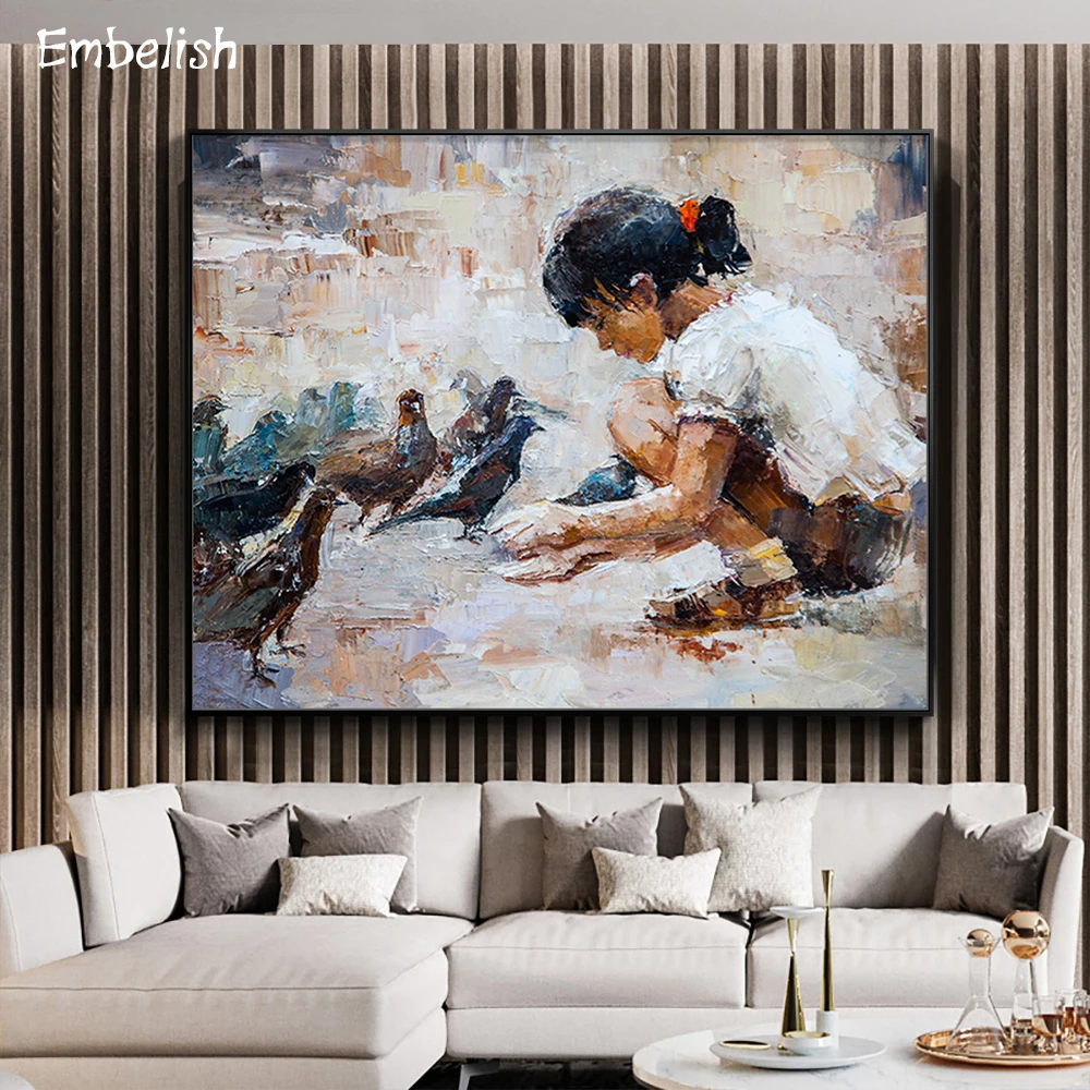 

1 Pieces Fashion Wall Art Pictures For Living Room Girl Feeding Pigeons HD Print On Canvas Oil Paintings Home Decor Artworks