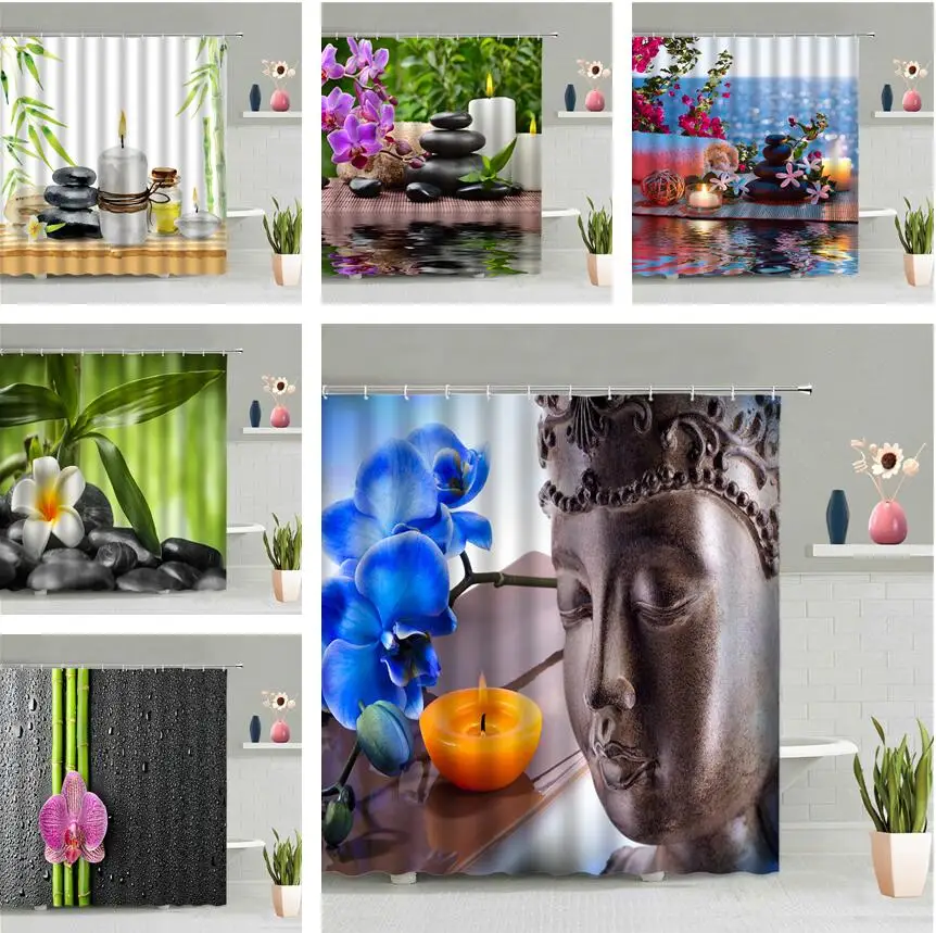 3D статуя Будды дзен каменная душевая занавеска цветок Зеленый бамбук водный