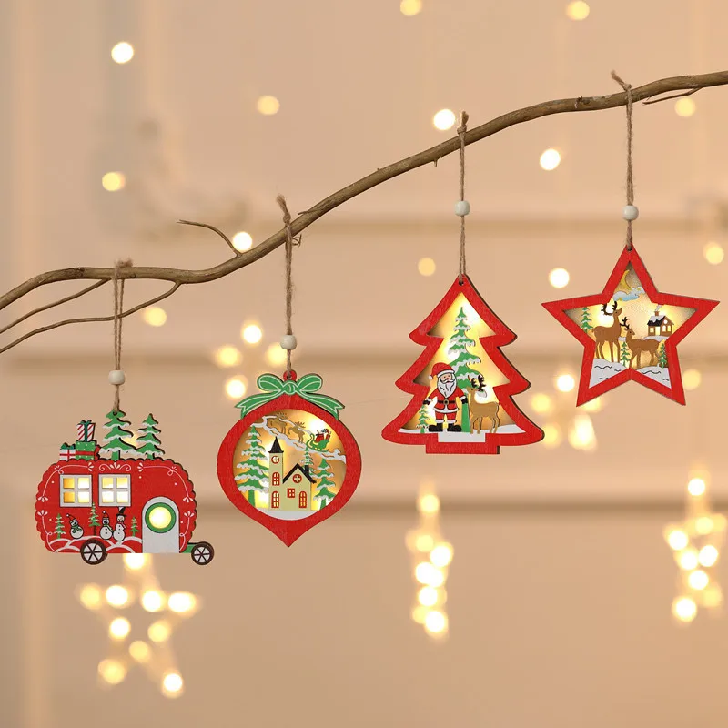 

2021 New Christmas Tree Creative Hollow Small Pendant Luminous Wooden Five-pointed Star Car with Lights Colored Home Decorations