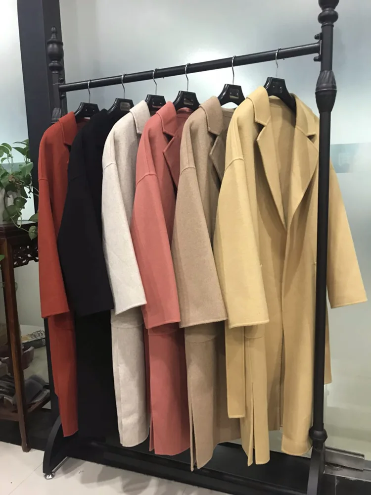 Женское зимнее шерстяное двубортное длинное твидовое пальто с открытым стежком |