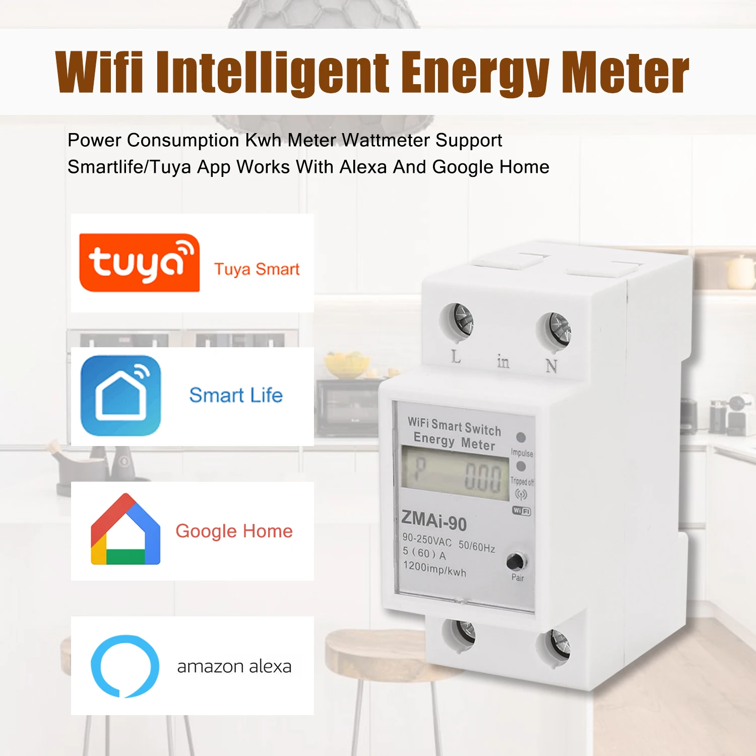

Tuya однофазный 60A din-рейка WIFI умный измеритель энергии таймер энергопотребление монитор кВтч метр ваттметр 90-250 В 60 Гц