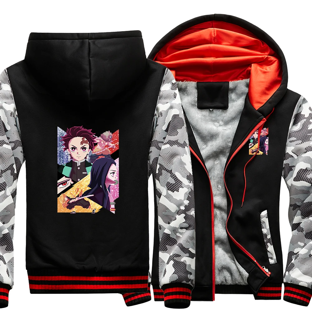 

Demon Slayer Japanese Anime Kamado Tanjirou Raglan Thick Hoodies Sweatshirts Men Jackets Sweatshirt Winter Coats Gray Sportswear