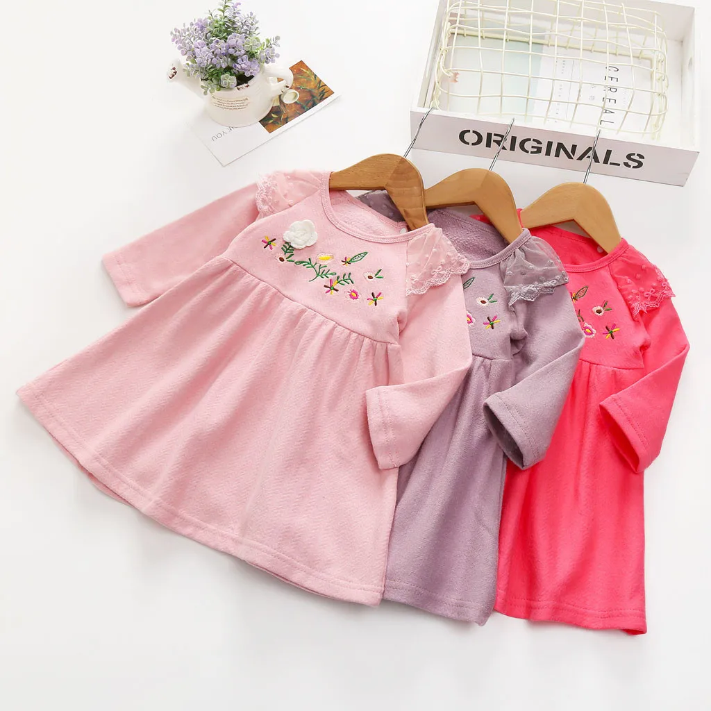 Toddler Baby Girl Dresses Party Soild Embroidered Dress Elegant Winter Long Sleeve Cotton Clothes Y816 | Детская одежда и обувь