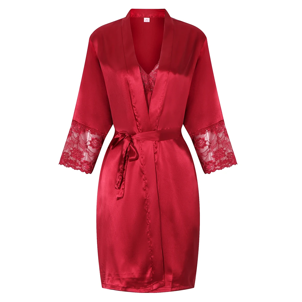 Бургундия молодой леди кимоно купальный халат с кружевом Сексуальная