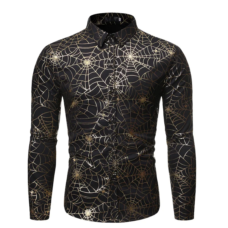 

Gold Spiderweb Foil Print Shirt Men Camisa Masculina 2021 Brand Slim Fit Long Sleeve Mens Dress Shirts Black Social Shirt Male