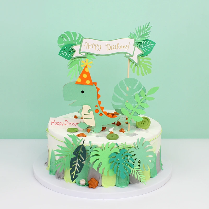 Dinosaur Cake Toppers Jungle Safari Dino Theme Party Cake Decor Palm Leaves Kids Birthday Party Decorations Baby Shower Supplies