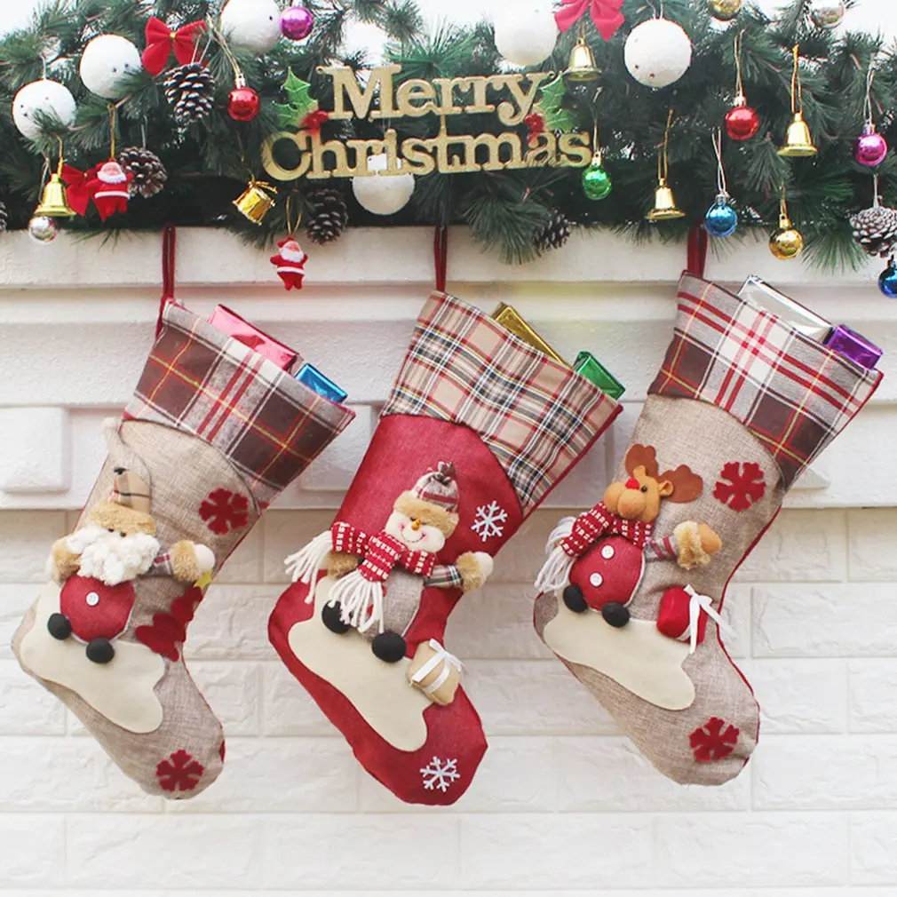 

3 Pcs/lot Santa Stocking Sock Candy Bags Christmas Tree Ornamets Pendants Linen Gift Bag For Children Fireplace Hanging Decor