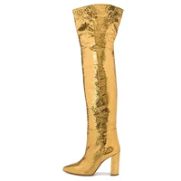 sexy womens boots pointed toed gold snakeskin leather over the knee boots square heel rome shoes woman booties botas de mujer
