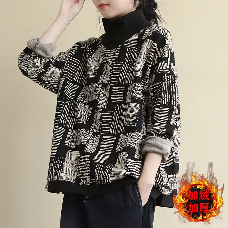 

Свободный художественный плюшевый пуловер большого размера, Модный женский свитер, новый зимний корейский топ с высоким воротником и принт...