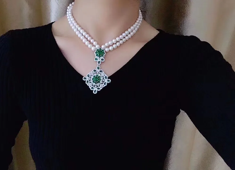 Geometry green zircon exaggerated pendant double-layer short section freshwater pearl necklace female elegant jewelry gift