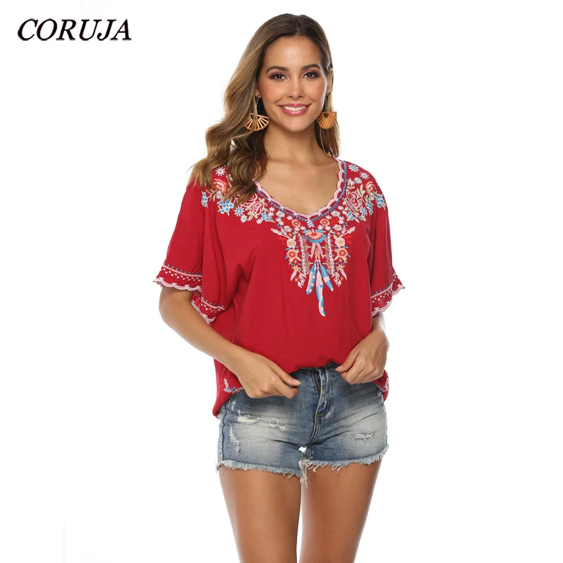 CORUJA Высококачественная модная Цветочная вышитая блузка с низким v образным