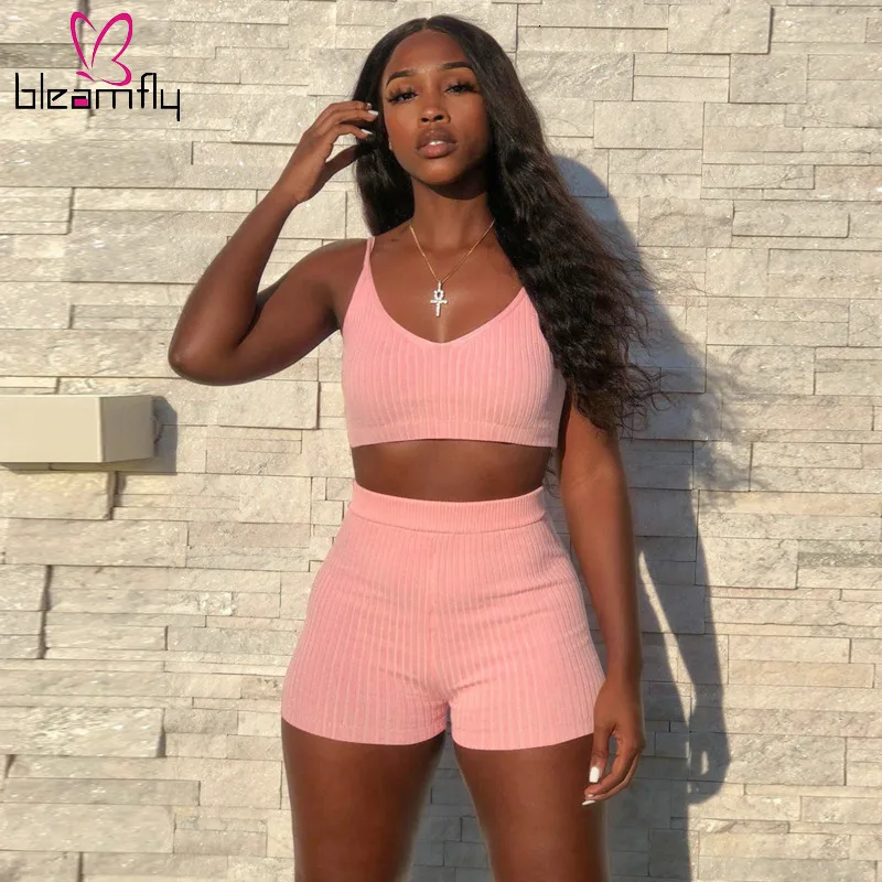 Новинка лето осень Женский трикотажный топ на бретелях шорты костюм комплект из