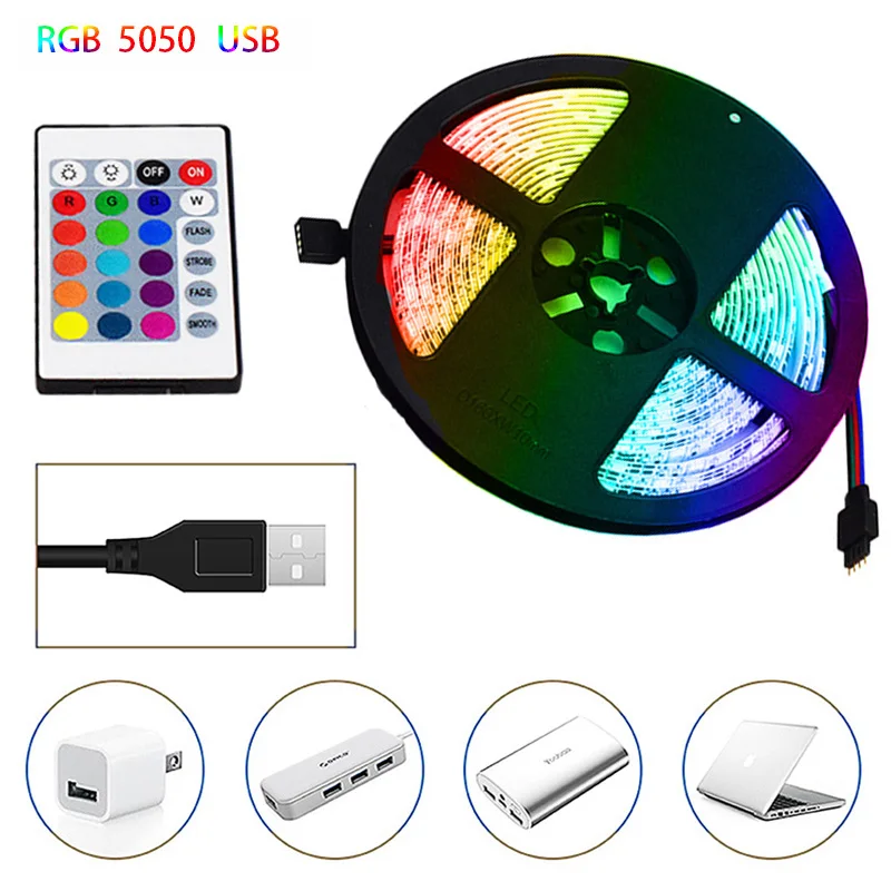 

5050 RGB IR Remote Control LED Strip Lights USB Flexible Lamp 5V Tape Ribbon Diode for Festival Room Luces Computer TV Desk Luz