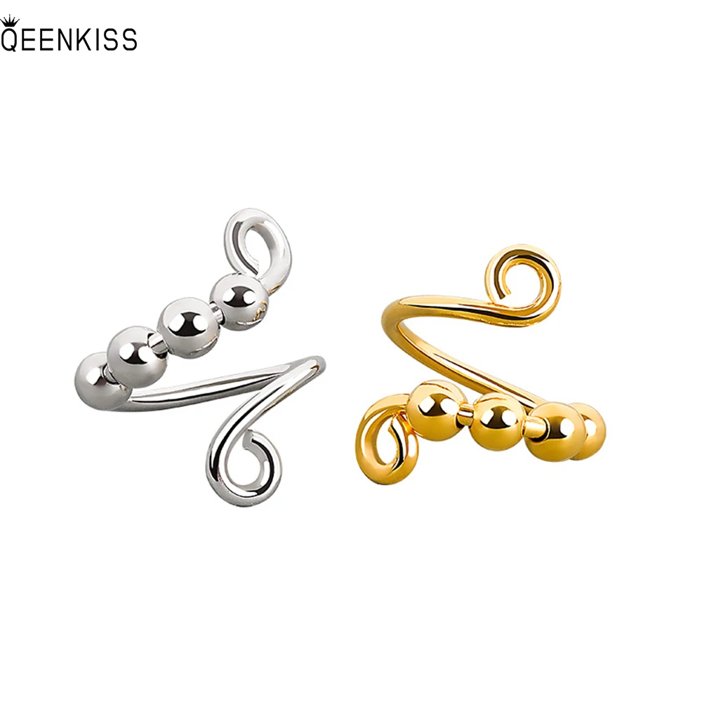 

QEENKISS RG650 Fine Jewelry Wholesale Fashion Woman Girl Birthday Wedding Anxiety Relief Beads 18KT Gold White Gold Opening Ring