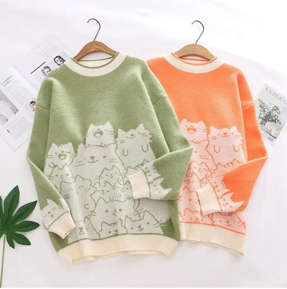 Crowded cats pattern o-neck pullover sweater female S28798-AQ | Женская одежда