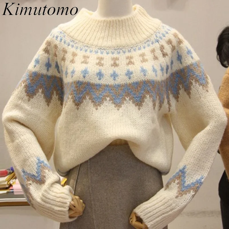 

Kimutomo шикарный Милый свитер для женщин 2021 осень зима новый корейский полувысокий воротник с длинными рукавами Свободный Универсальный вяза...