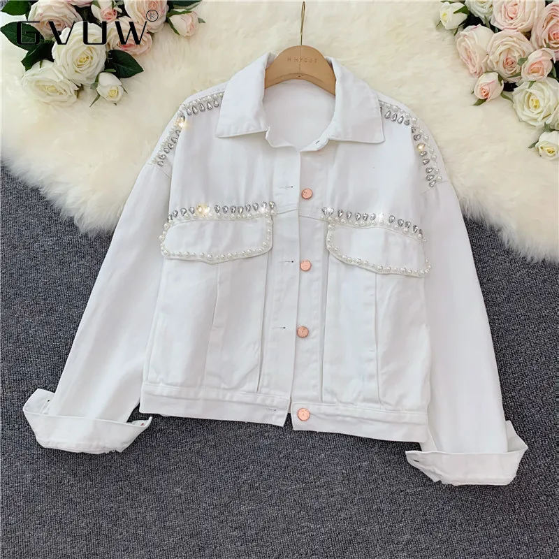 

GVUW Diamond Studded Bead Denim Coat Net Red Same Jacket Women jackets for autumn women jeans jacket denim