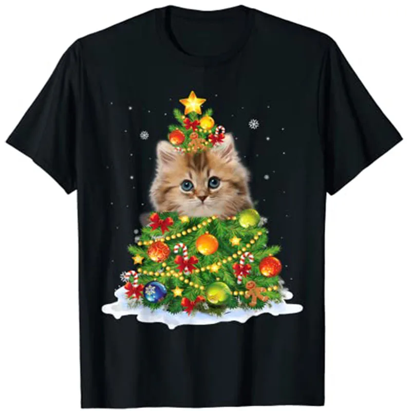 Cat Christmas Tree Ornaments Decor Funny Pajamas Family Xmas Holiday T-Shirt Graphic Tee Tops