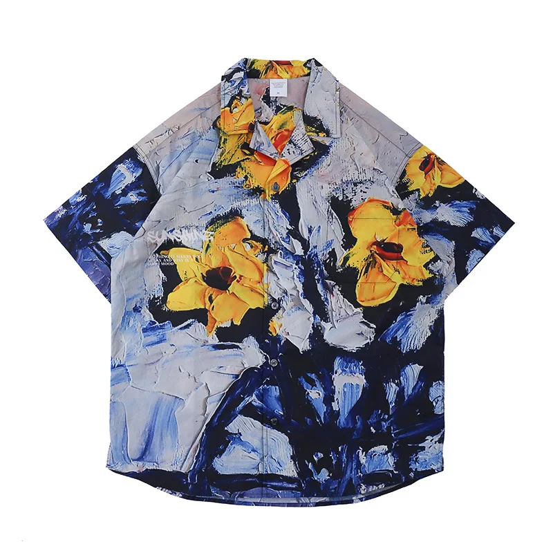 

Fgss men's wear new national fashion sunflower thin loose short sleeve shirt for men and women