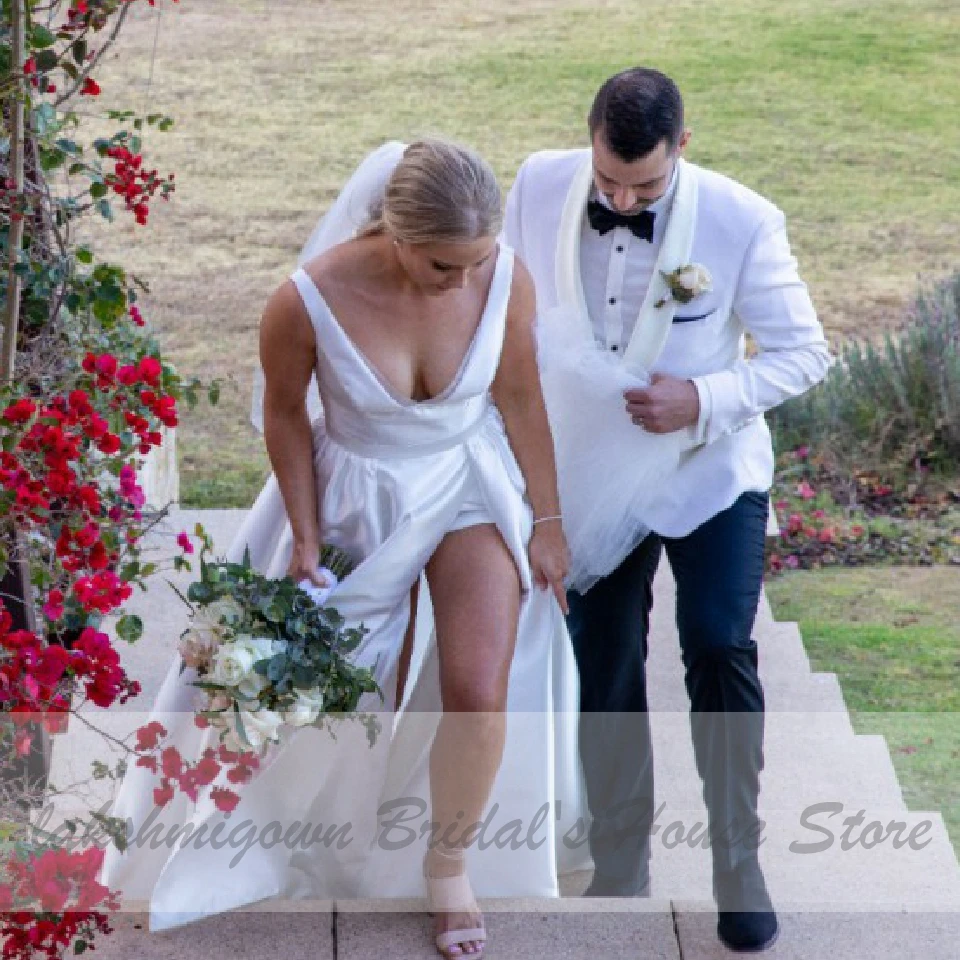 

Lakshmigown Amazing Bridal Dress A Line Satin Wedding Gowns Sexy Open Back Vestido Noiva 2020 Plus Size Country Wedding Dresses