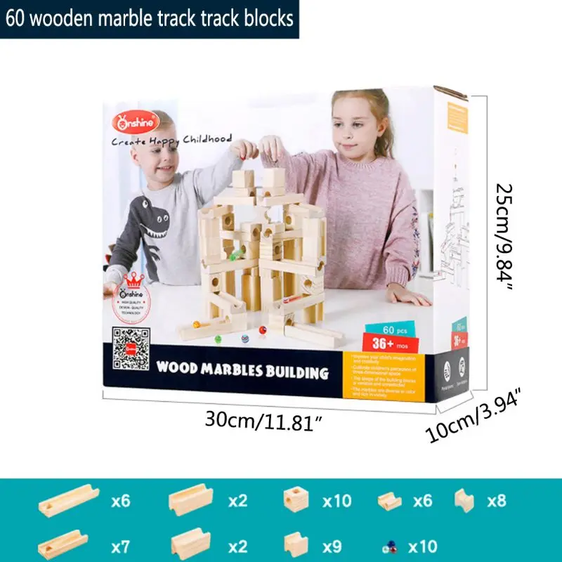 

60pcs Wooden Marble Track Assembly Building Blocks Ball Puzzle Children Educational Toys Kids Gift
