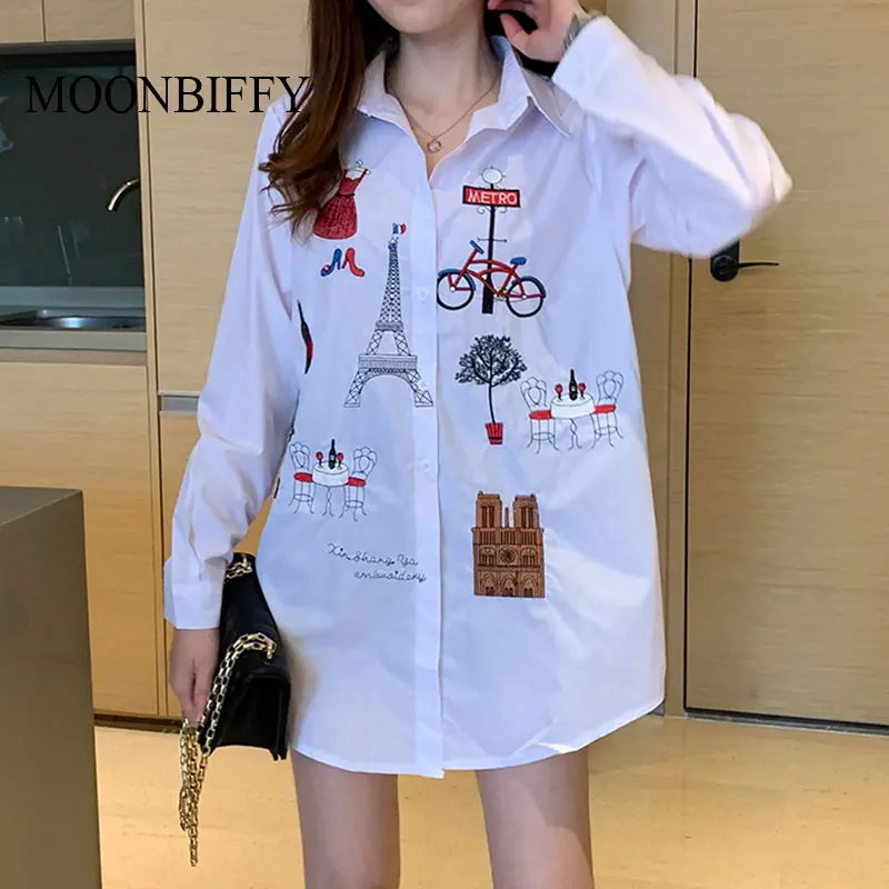 

Женская хлопковая блузка с длинным рукавом, с вышивкой, на пуговицах