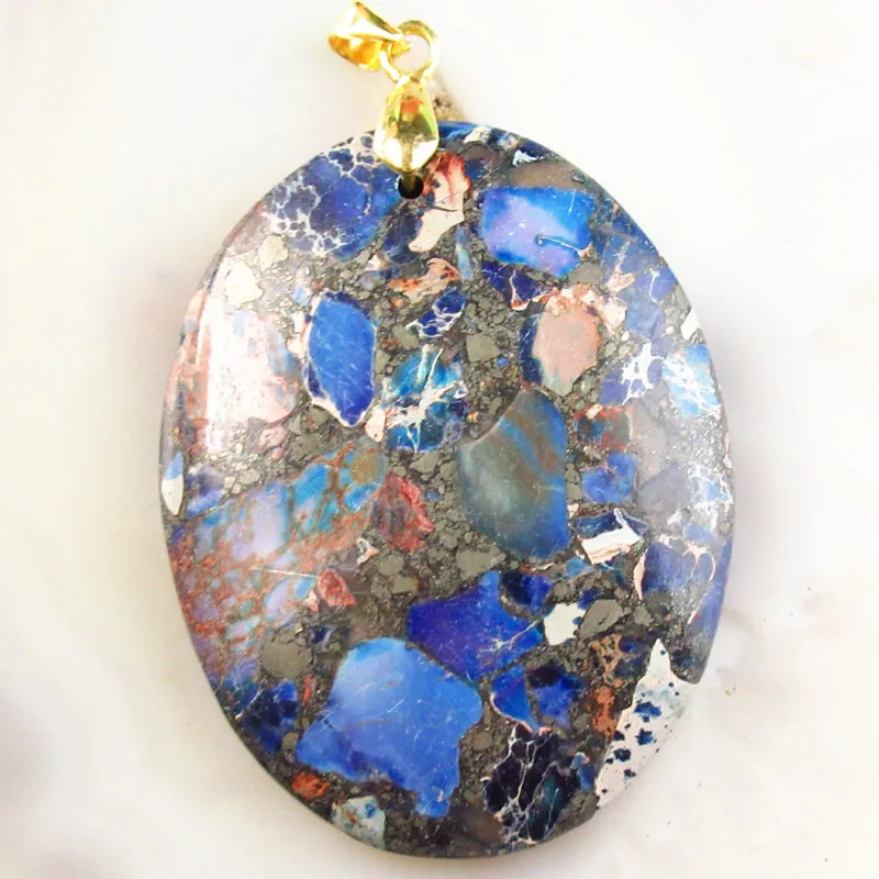 1 шт. 44x34x7 мм темно синий морской осадочный Jaspers & Pyrite Овальный Кулон из бисера