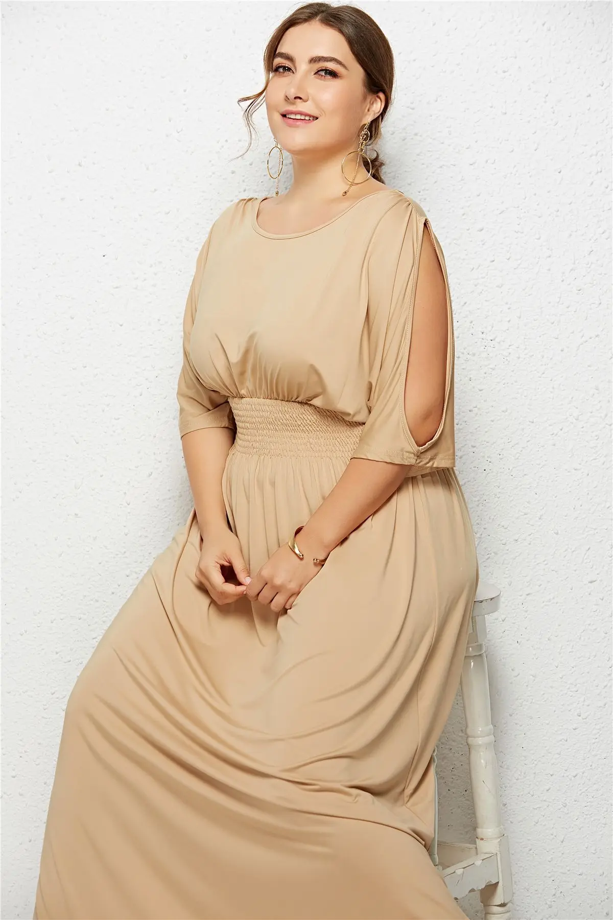 Fashion Plus Size Women Long Dress Smocking Stitch Waist Party Dresses Solid Slit Opening Sleeve Modern Woman |