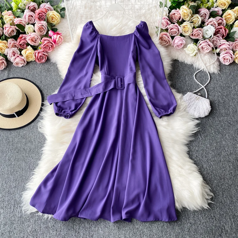 

2021 Vintage Solid Square Collar Elegant Fairy Dress A Line Full with Belt High Waist Mid-Calf Women Dress Sexy Dress Women