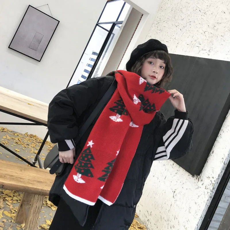 Зимний женский Рождественский шарф роскошный зимний вязаный теплый красный