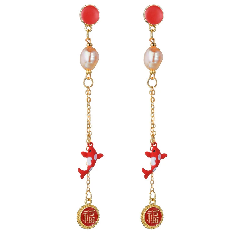 Женские серьги подвески в этническом китайском стиле новогодние с пресноводным