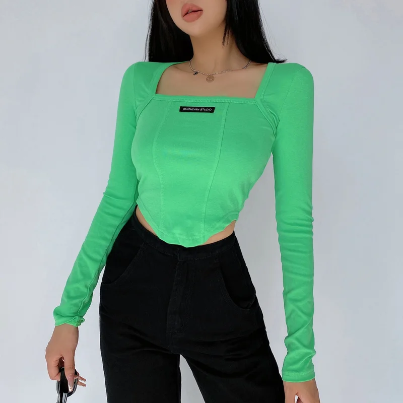 

WOMENGAGA Sexy Square Neck Label Square Collar Long Sleeve T-shirt Female Slim Base Short Top Tees Tops Korean Women A1JI