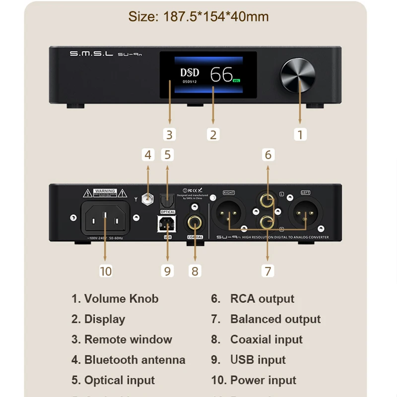 ЦАП-декодер SMSL SU9 SU9n Hi-Res звук Bluetooth 5 0 DSD 512 PCM 768 кГц/32 бит часы LDAC APTX XMOS с