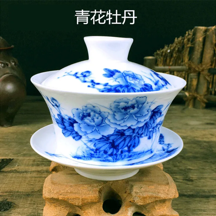 Peony 1 Фарфоровая чаша Gaiwan Jingdezhen, 200 мл, покрытая синим и белым фарфором, миска Sancai, набор китайских чайных чашек и блюдца, чайная супница - Цвет: Peony 1