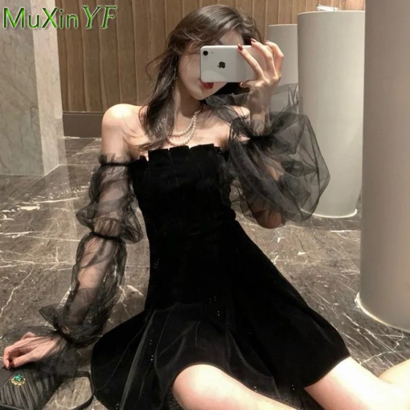 

Summer Women's Dress 2021 New Temperament Mesh Puff Sleeve Black Midi Skirt Fashion Strapless Waist Puffy Party Light Dresses