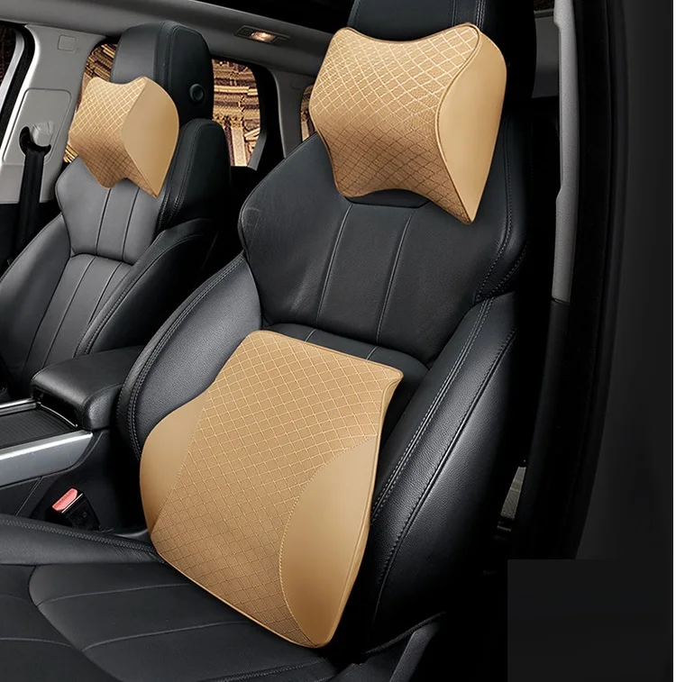 beige set Автомобильная подушка, Автомобильная подушка для спины и поясницы, Комплект подушек для шеи, подголовник для автомобиля, подушка для спины из пены с эффектом памяти, хлопок, черный, красный - Название цвета: beige set