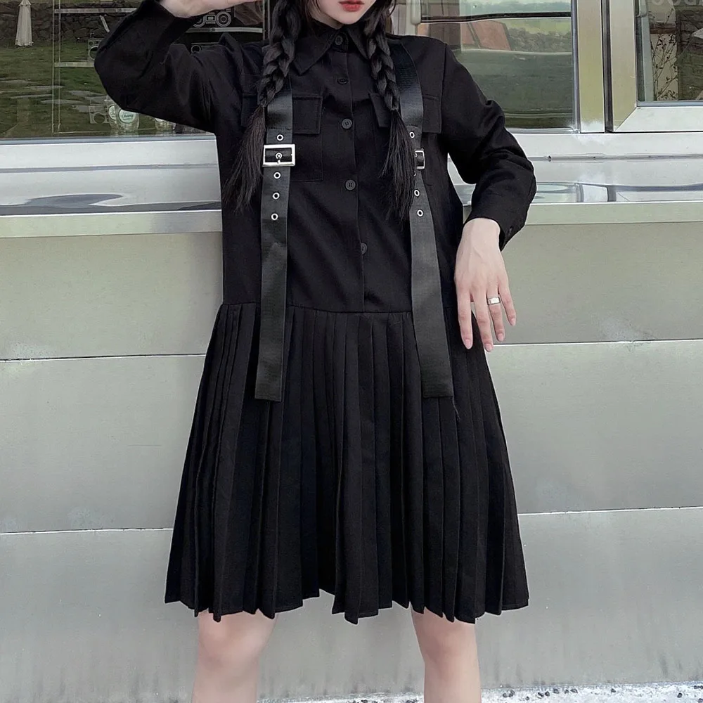 

Spring Summer 2021 High Street Design Retro Solid Color Pleated Long Sleeve Single-breasted Lapel Women's Dress Fashion