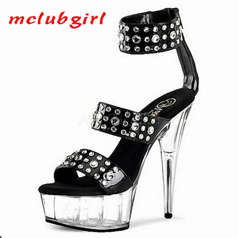 

Mclubgirl 15cm Heels Superfine High Heels Fashion Rivet Transparent Crystal Fun Sexy Nightclub Wristband Sandals LYP